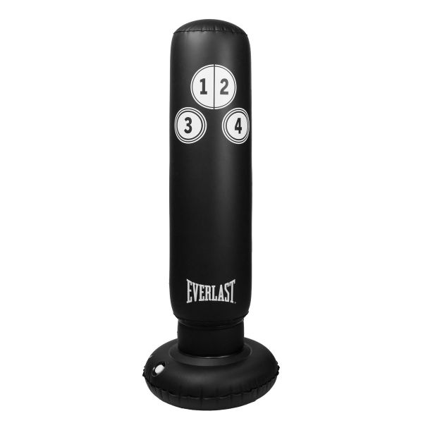 Sacco da boxe gonfiabile da terra Everlast da 130 cm di colore nero con logo bianco, struttura autoportante per allenamento domestico.