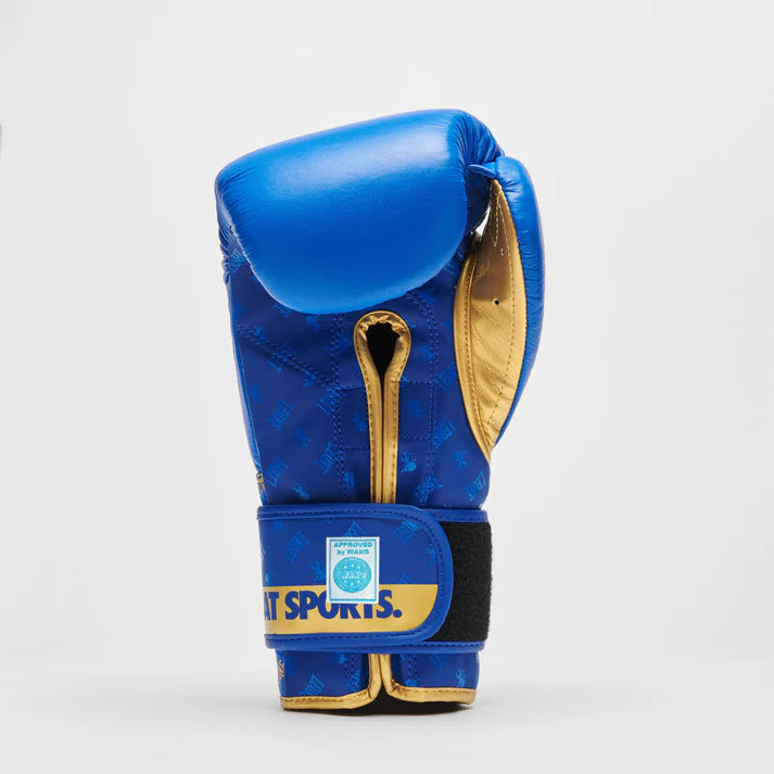 Vista singola laterale del guanto DNA blu che evidenzia la curvatura e il design Stripe oro