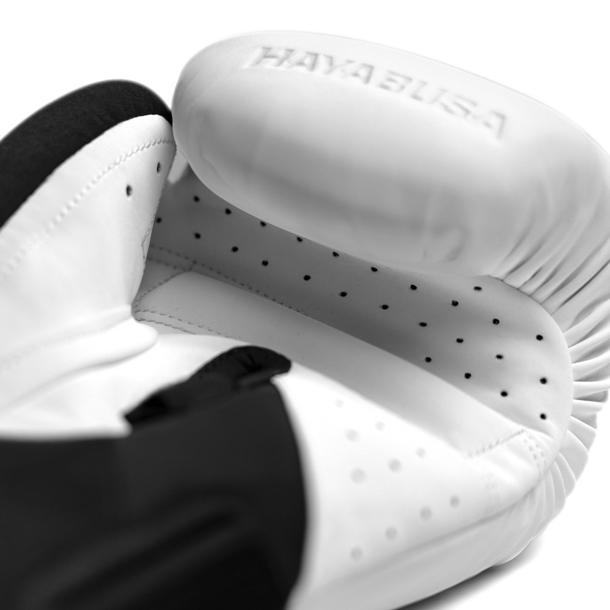 Detail of the premium padding and stitching of the white Hayabusa T360 gloves