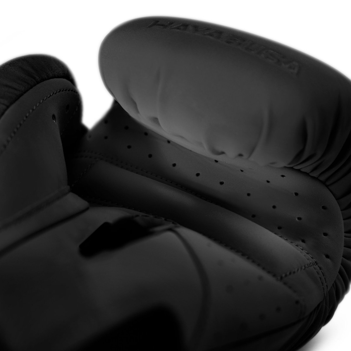 Detail of the Dual-X closure system on the black Hayabusa T360 boxing gloves