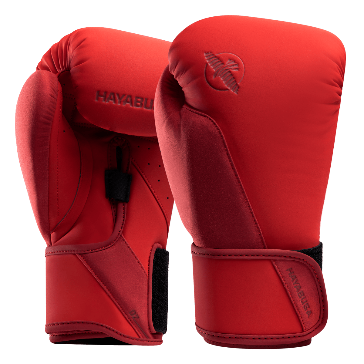 Red Hayabusa T360 boxing gloves seen from the front in close-up