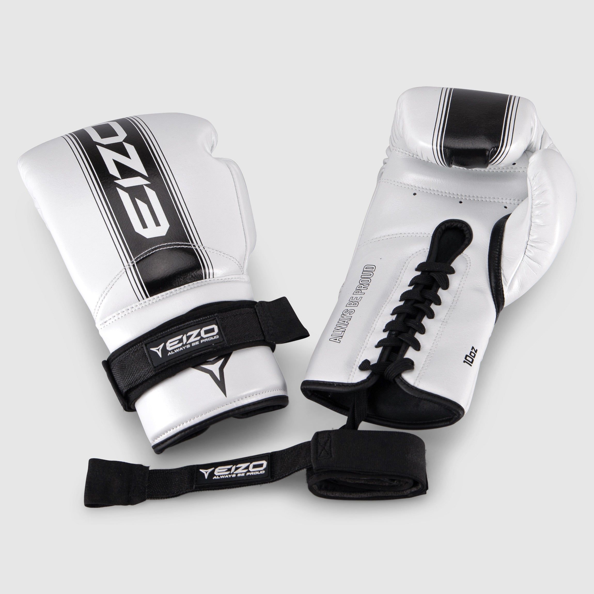 Esempio di applicazione dei convertitori Eizo Hook & Loop su guanti da boxe bianchi con lacci