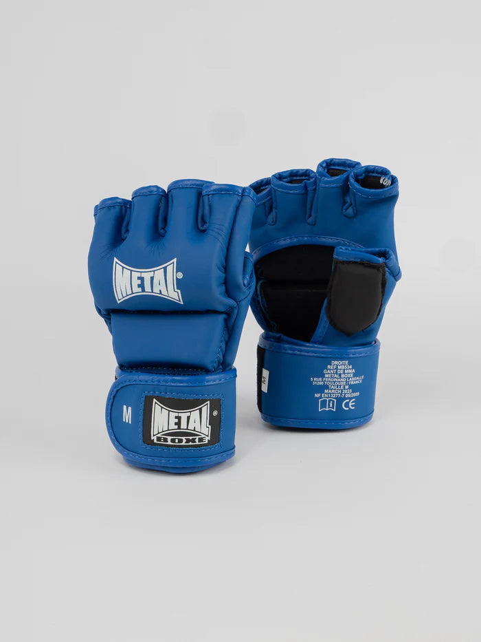 Vista frontale guanti MMA Metal Boxe blu, dettaglio imbottitura nocche iniettata