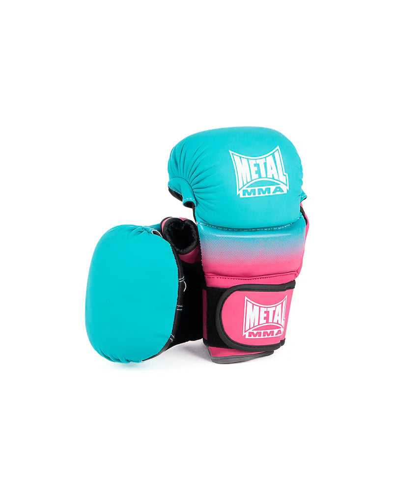 Vista frontale guanti MMA Sparring Metal Boxe The Shell Miami Vibe grafica colorata e tecnica