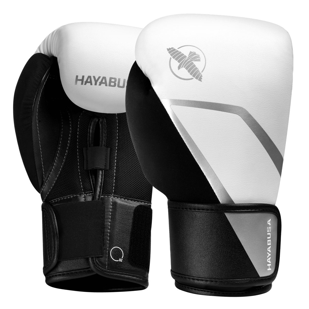 Paar weiße und silberne Hayabusa E1 Boxhandschuhe, Gesamtansicht