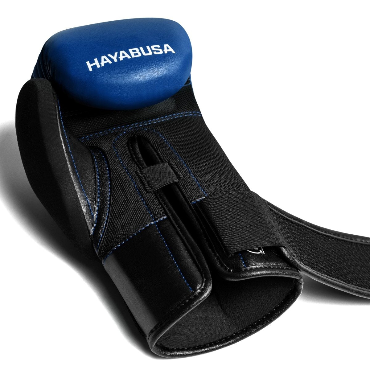 Detail der Manschette und des offenen Verschlusses der blauen Hayabusa E1-Handschuhe