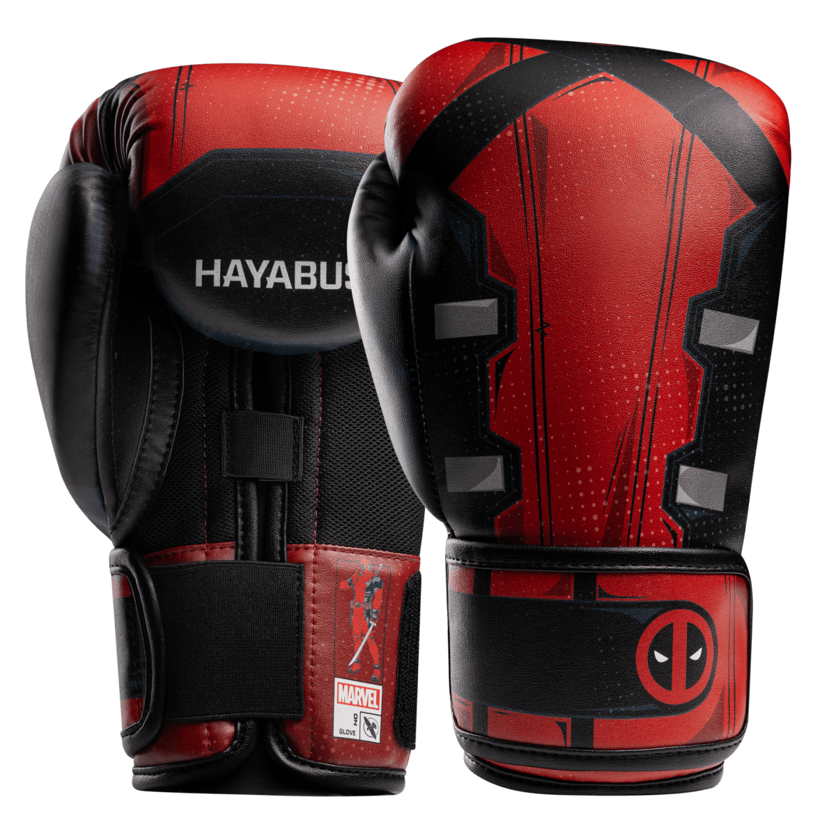 Pair of Hayabusa Marvel Classic Deadpool red and black boxing gloves