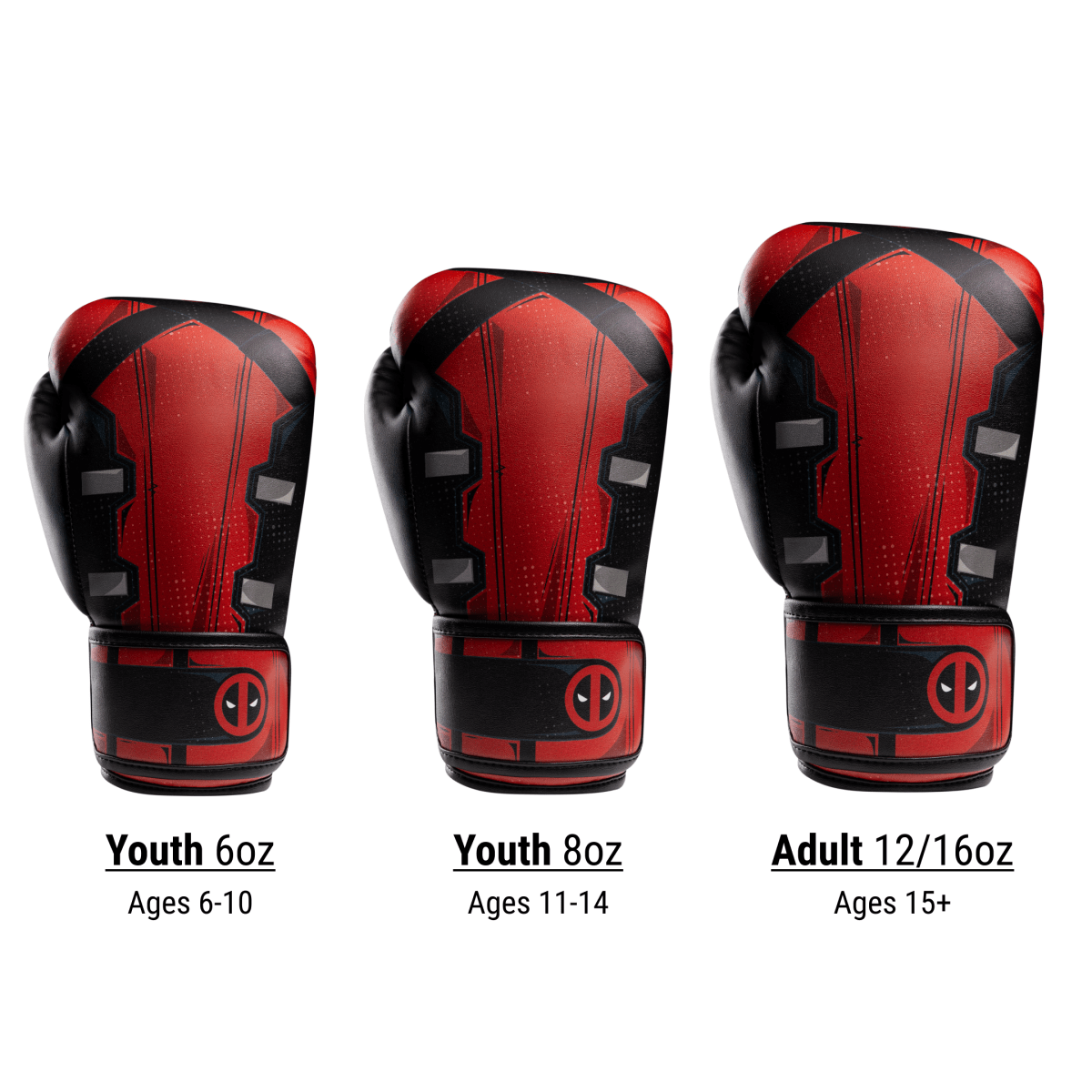 Size chart for Deadpool gloves divided into children's and adult sizes