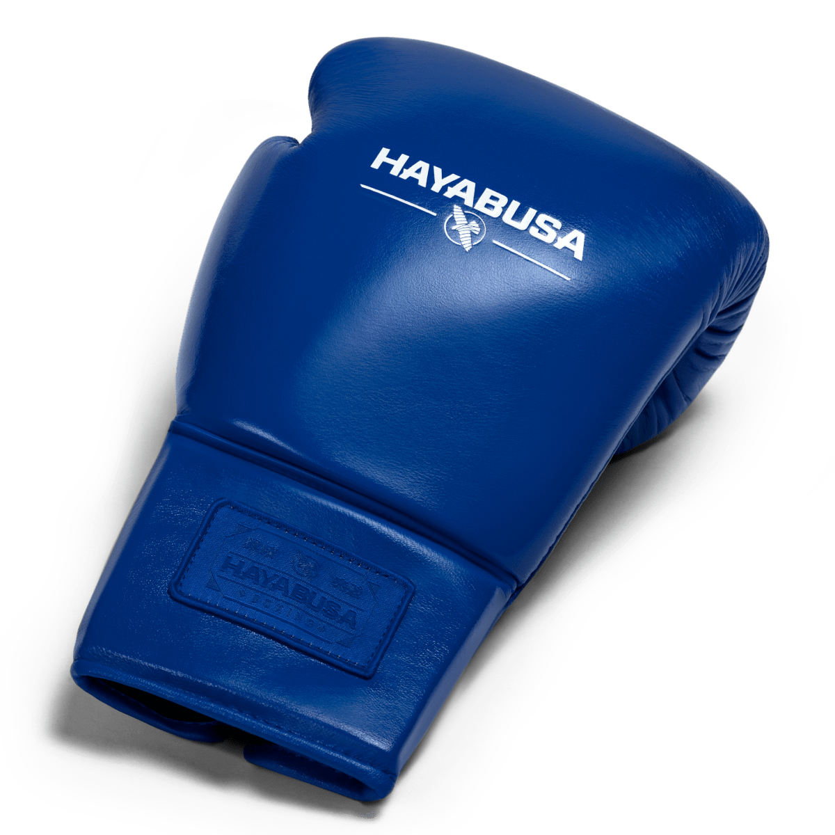 Draufsicht auf einen einzelnen kobaltblauen Hayabusa Pro Lace-Boxhandschuh mit Polsterung und Vollnarbenleder