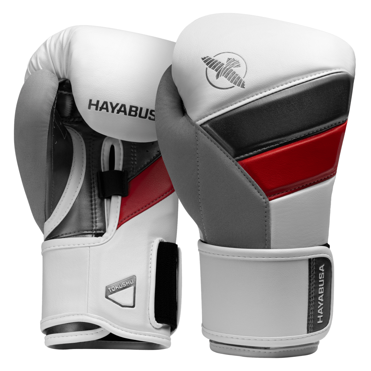 Ett par vita handskar med knallröda detaljer Hayabusa T3.