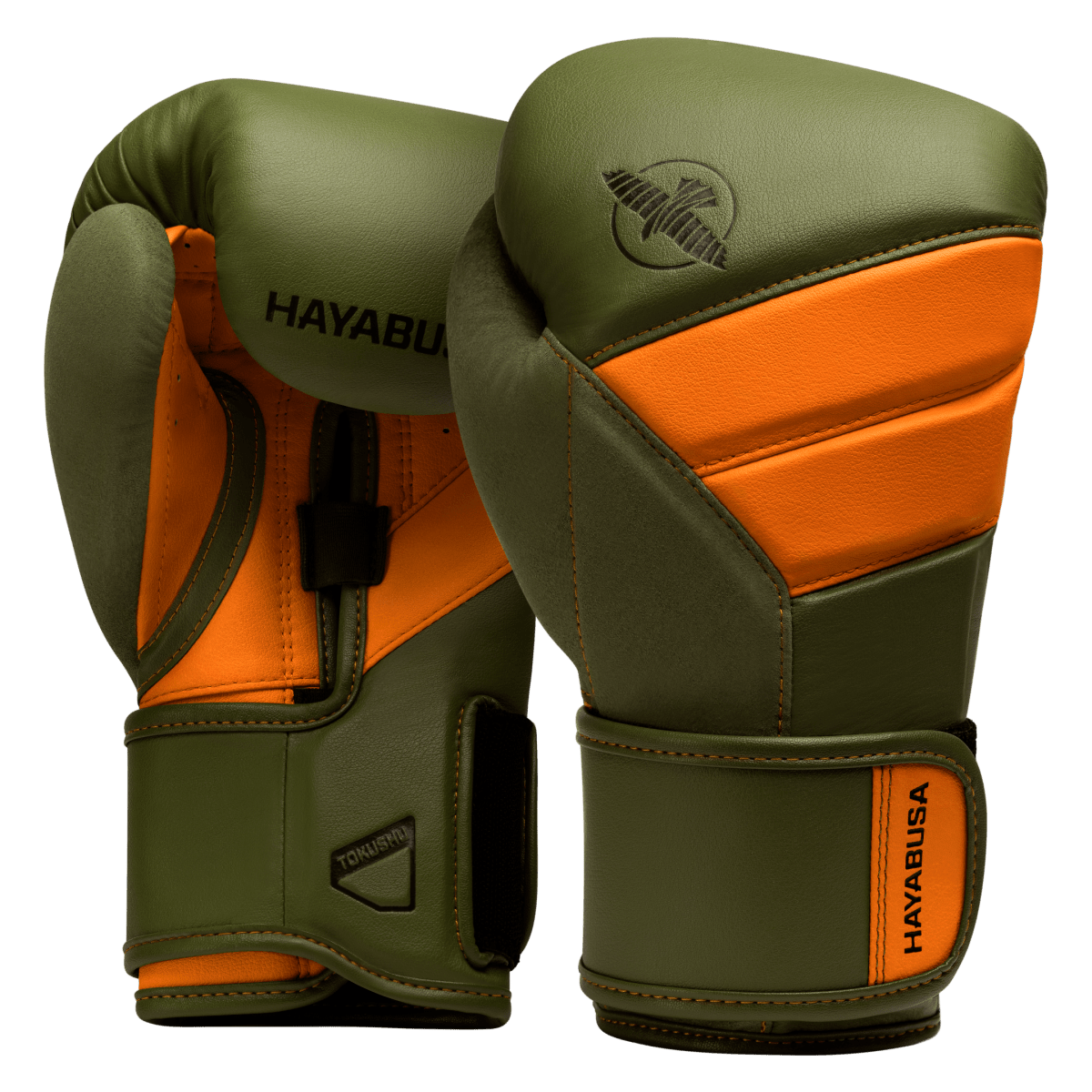 Mörkgröna Hayabusa T3-handskar med orange inlägg.