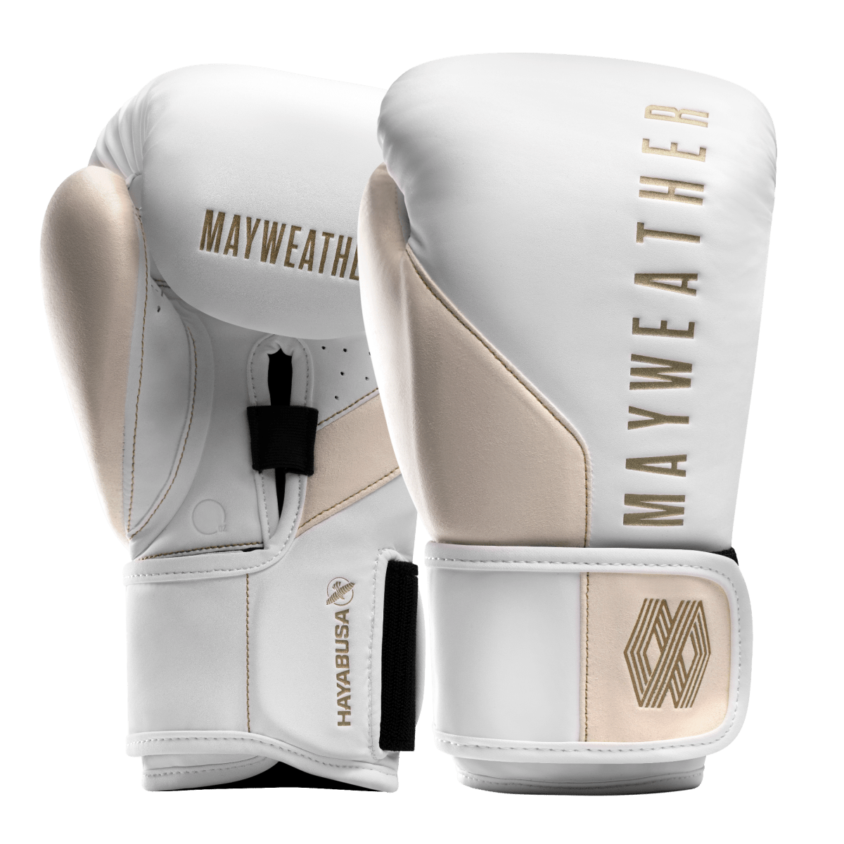 Luvas de boxe Mayweather Champ brancas e douradas vistas de frente em close-up