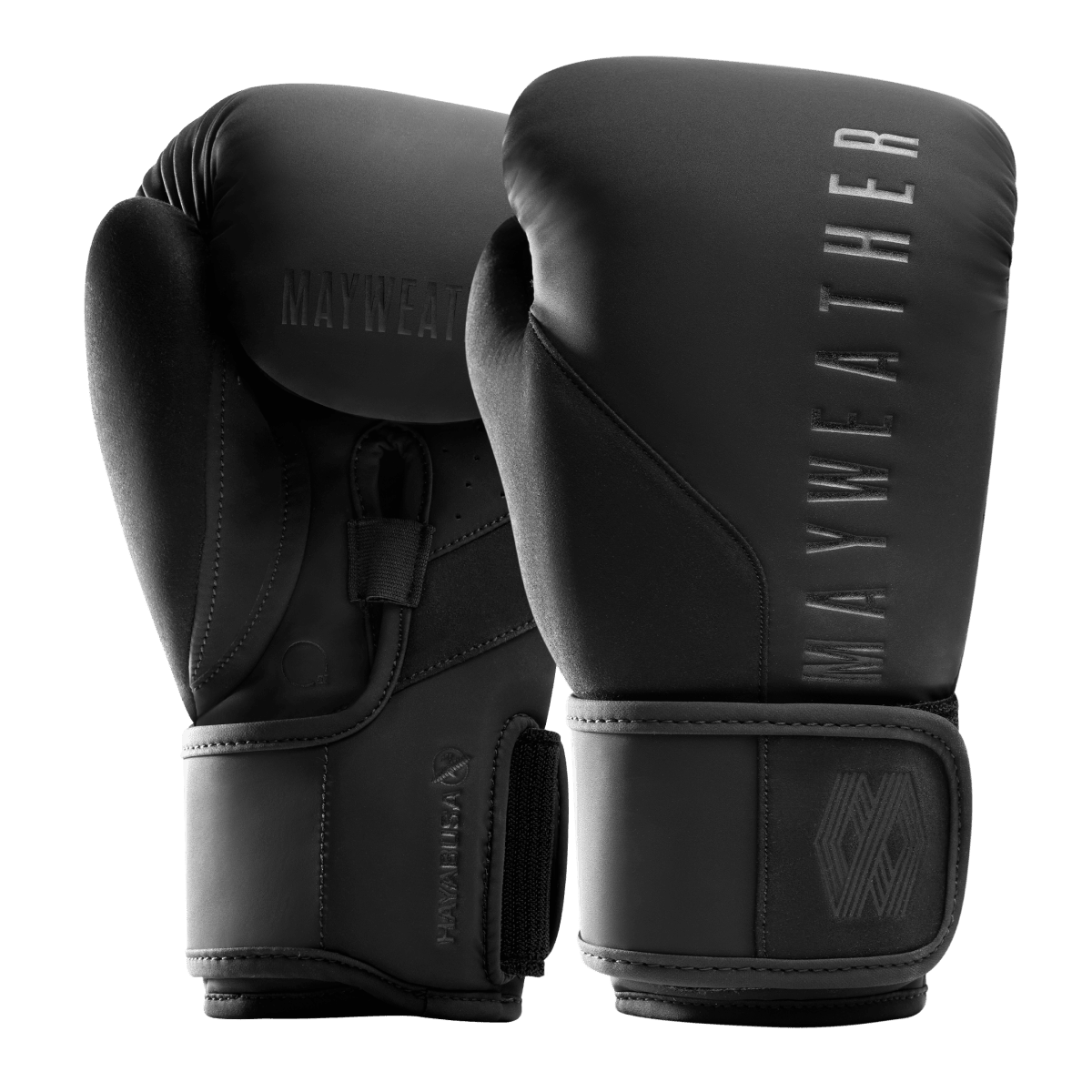 Luvas de boxe totalmente pretas Mayweather Champ vistas de frente em primeiro plano