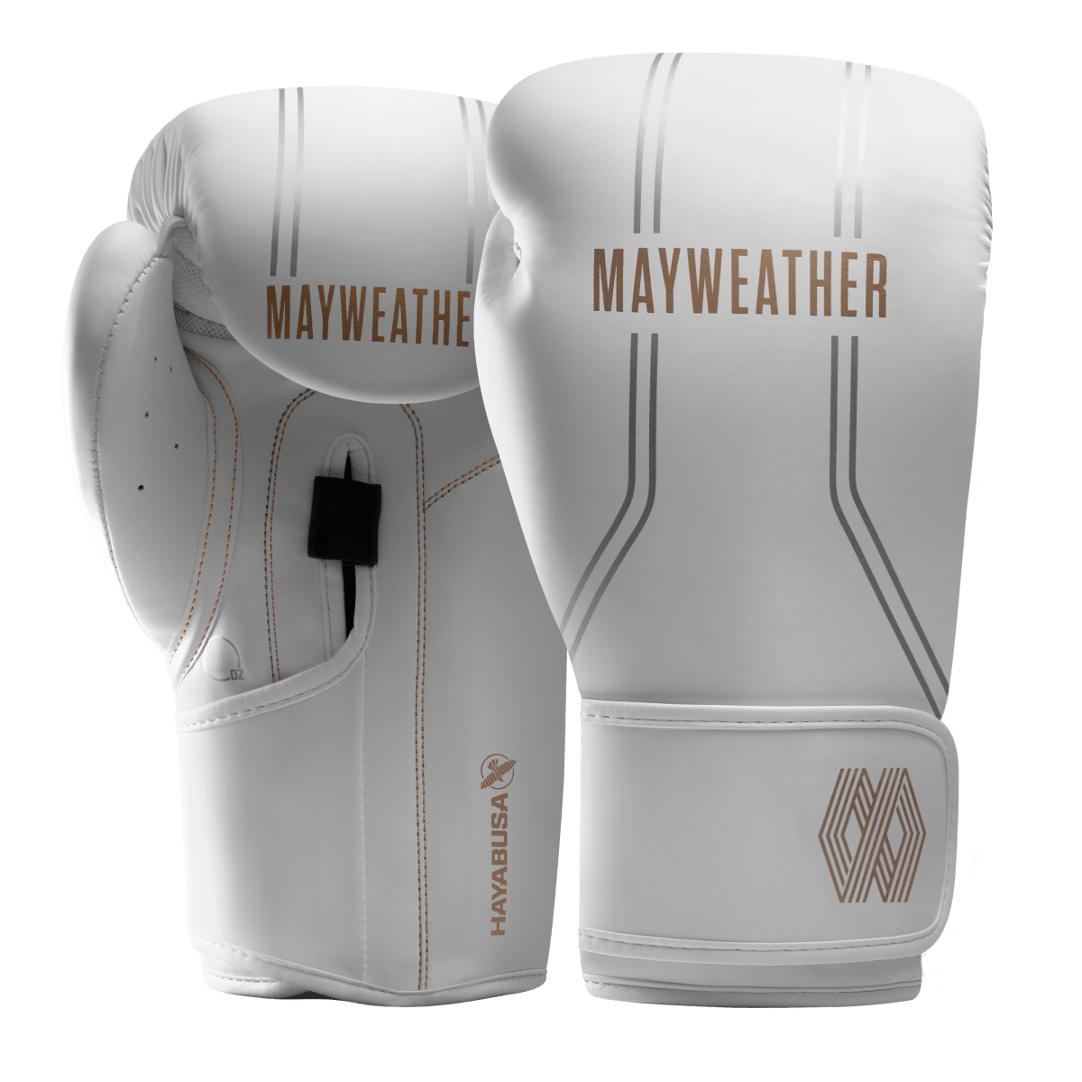 Pereche de mănuși de box Mayweather Hayabusa Contender albe și aurii, vedere frontală