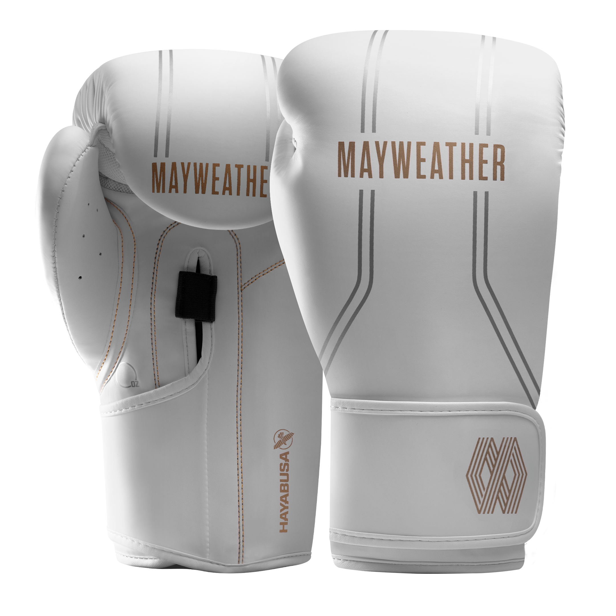 Coppia di guantoni da boxe Mayweather Hayabusa Contender bianchi e oro, vista frontale