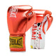 Vista frontale dei guantoni da competizione in vera pelle rossa Everlast 1910 Fight con lacci