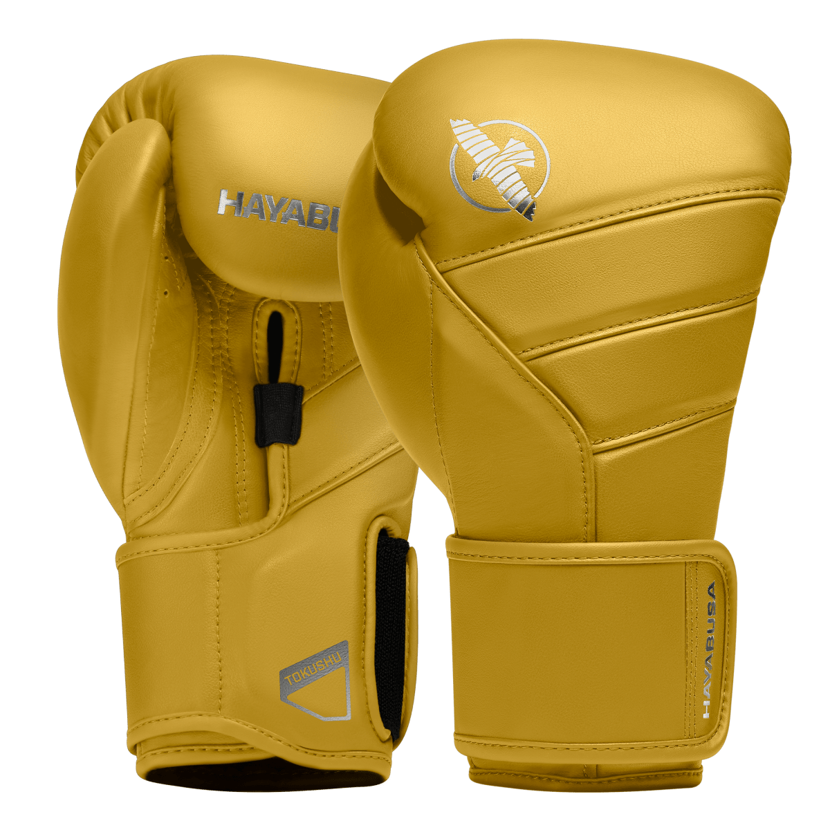Ett par gula Hayabusa T3 Kanpeki boxningshandskar för kampsporter