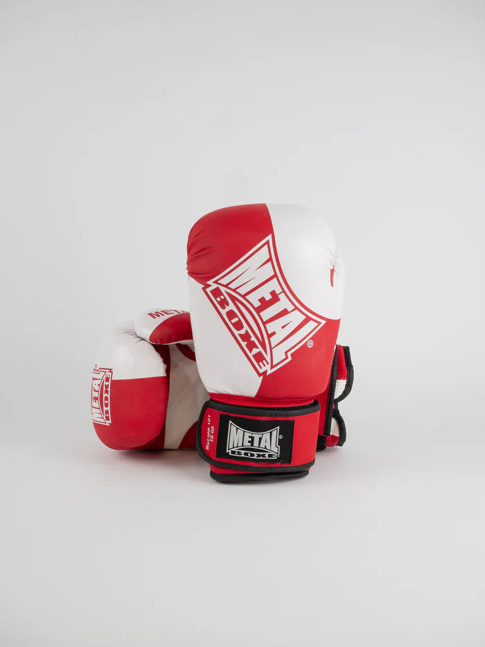 Vista frontale guantoni Metal Boxe Amateur Competition rosso e bianco