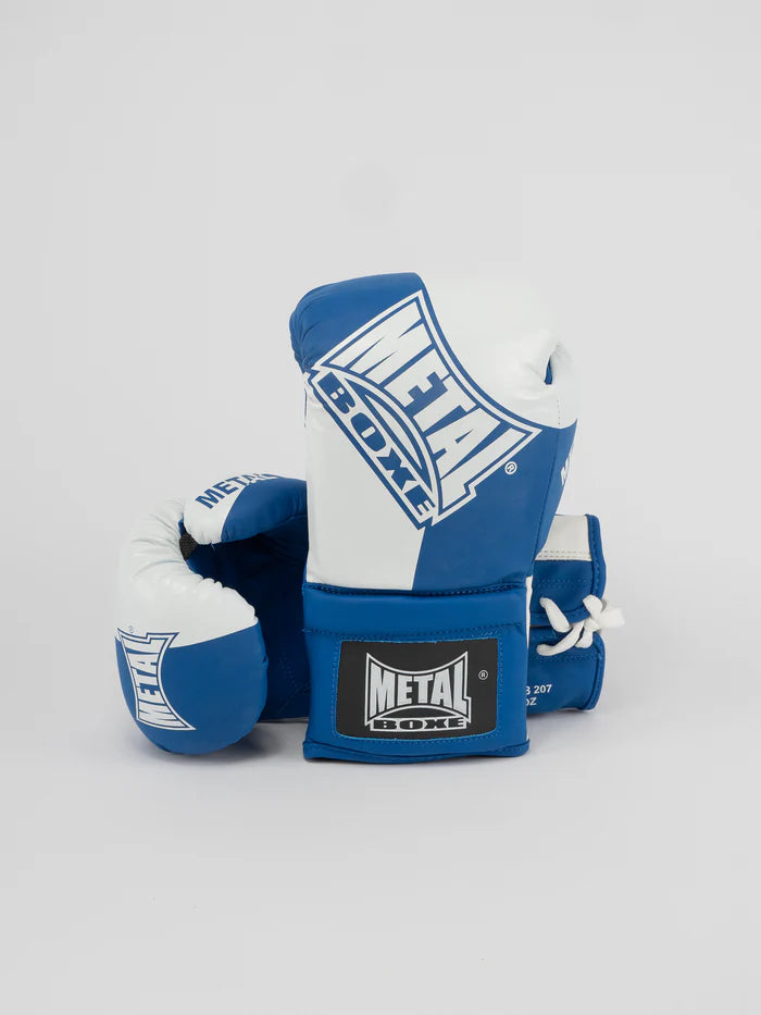 Vista frontale guantoni Metal Boxe Competition blu, design professionale bicolor