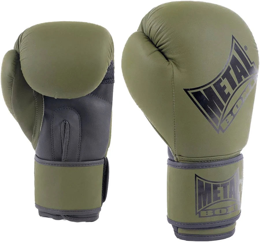 Vista frontale guantoni Metal Boxe MB200 verde, guscio PU resistente