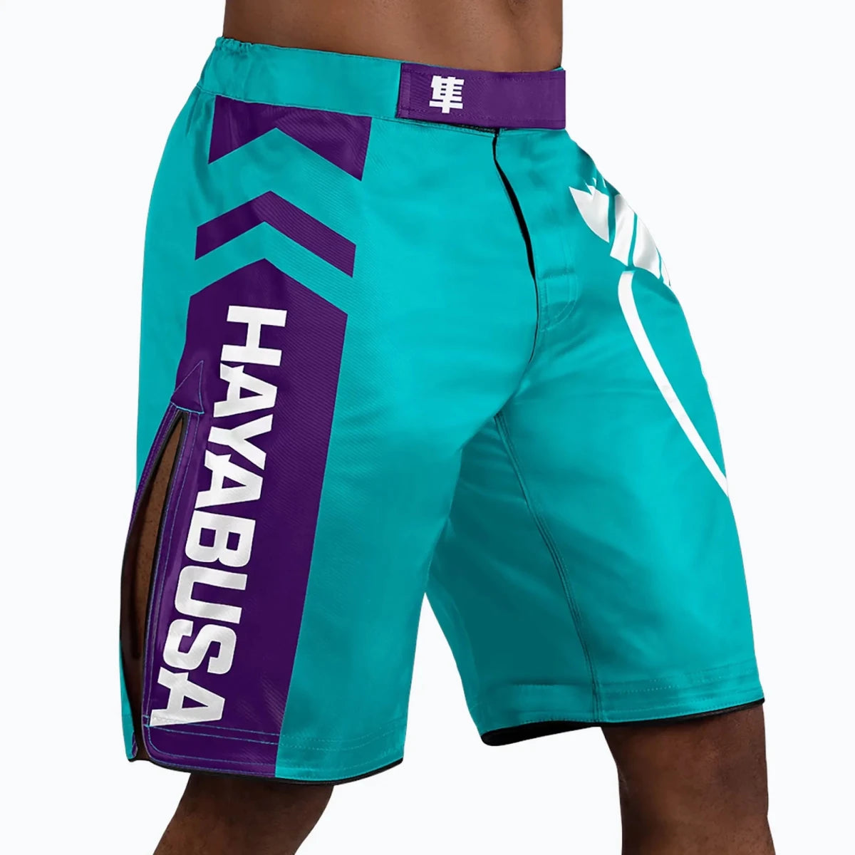 Hayabusa broderad logotyp på turkosa shorts.