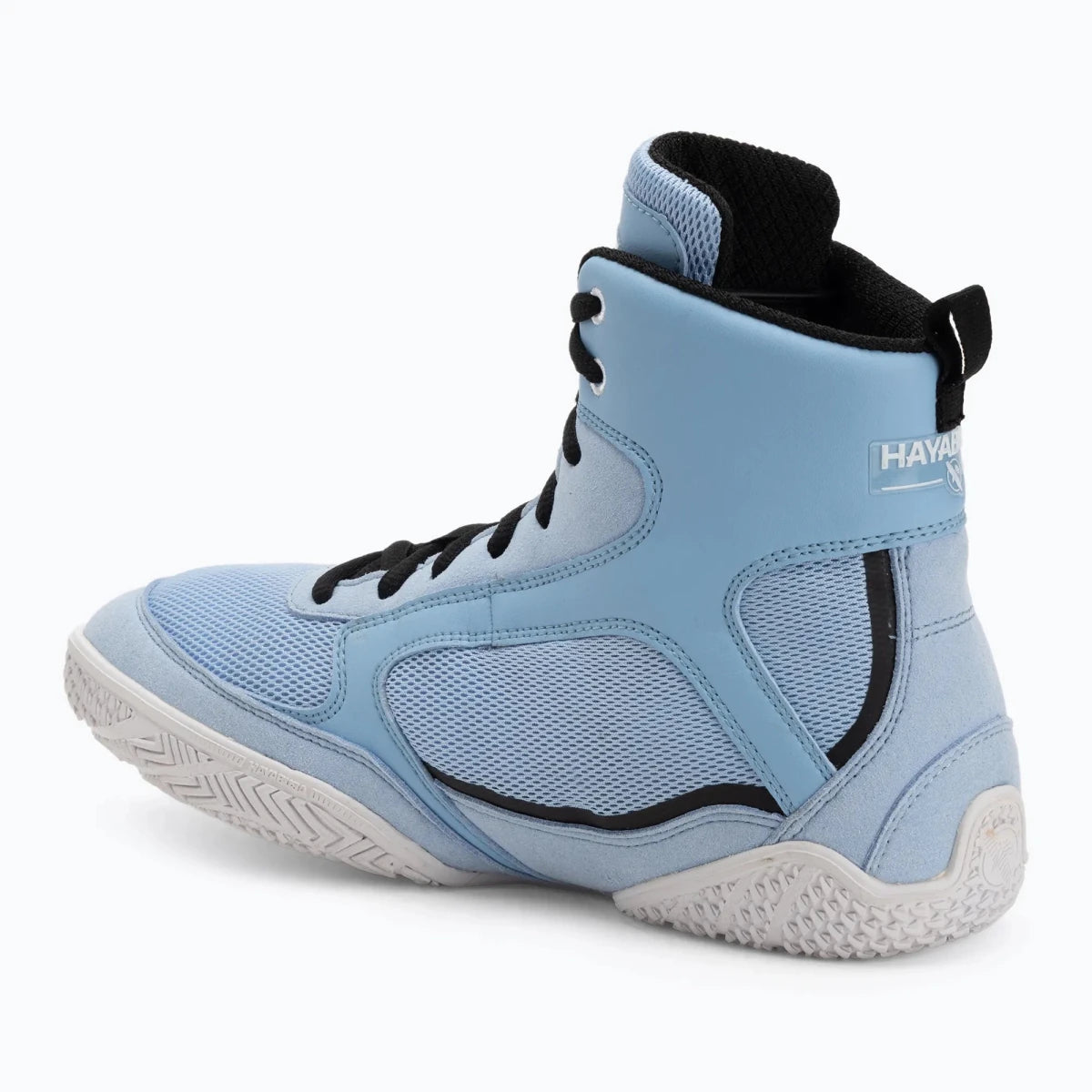 Vista profilo scarpe boxe celeste Hayabusa Pro leggere e ventilate.