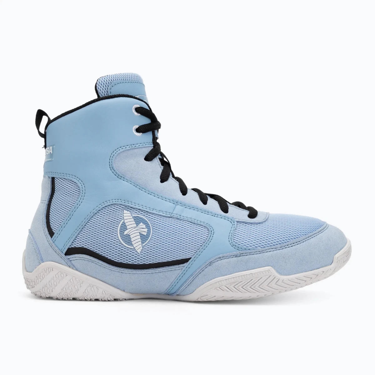 Dettaglio finiture e logo scarpe da boxe celeste Hayabusa.