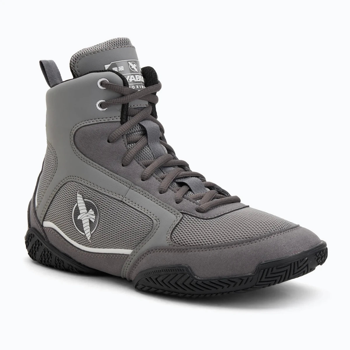 Vista retro scarpe pugilato grigie Hayabusa supporto stabile caviglia.