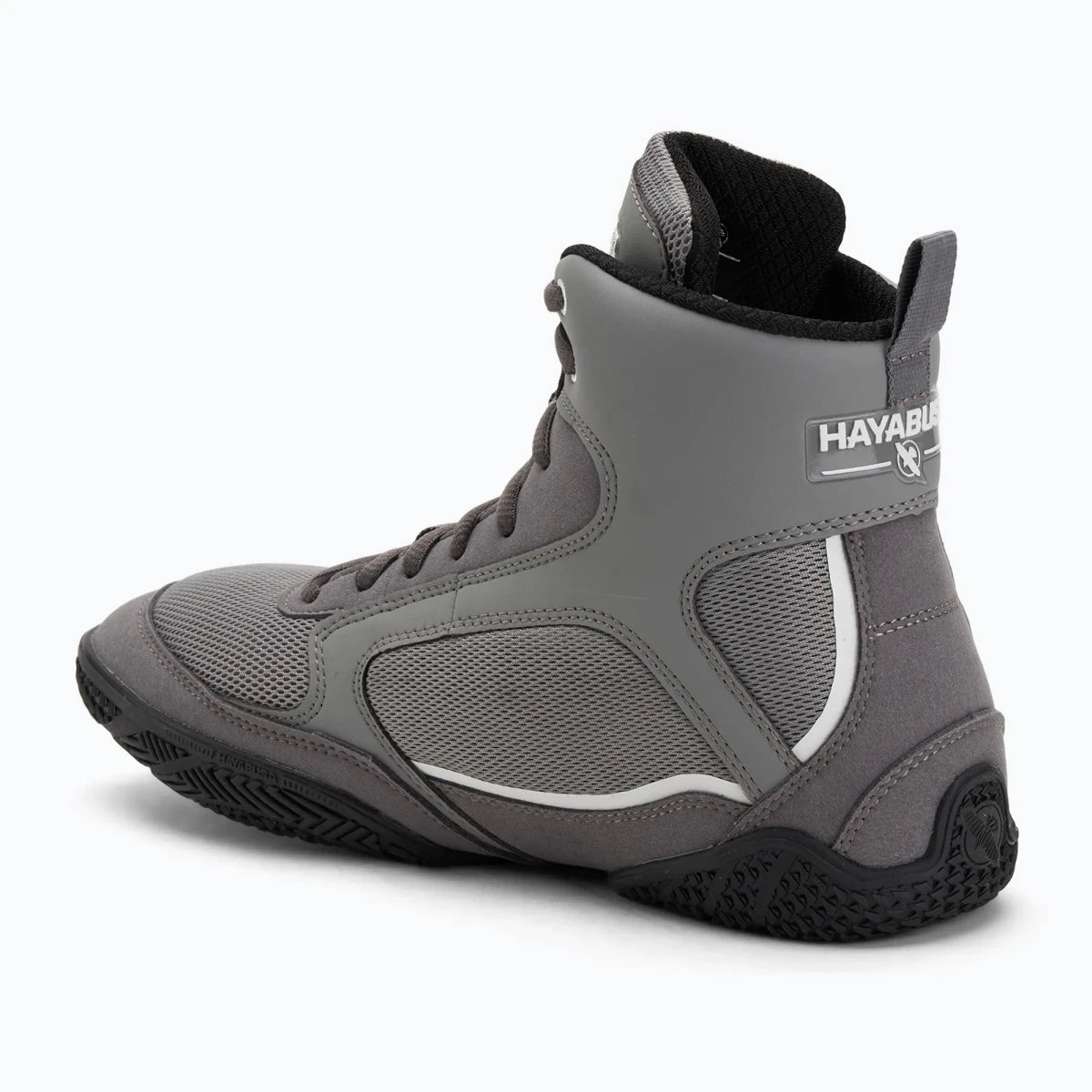 Pannelli in mesh traspirante su scarpe boxe Hayabusa Pro grigie profilo.