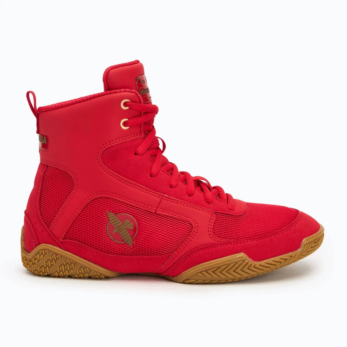 Scarpe da boxe rosse Hayabusa Pro per combattimento e sparring vista frontale.