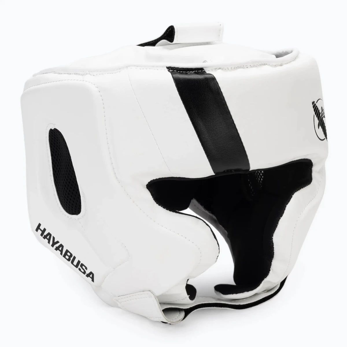 White Hayabusa T3 boxing helmet with cheek pads for maximum visibility.