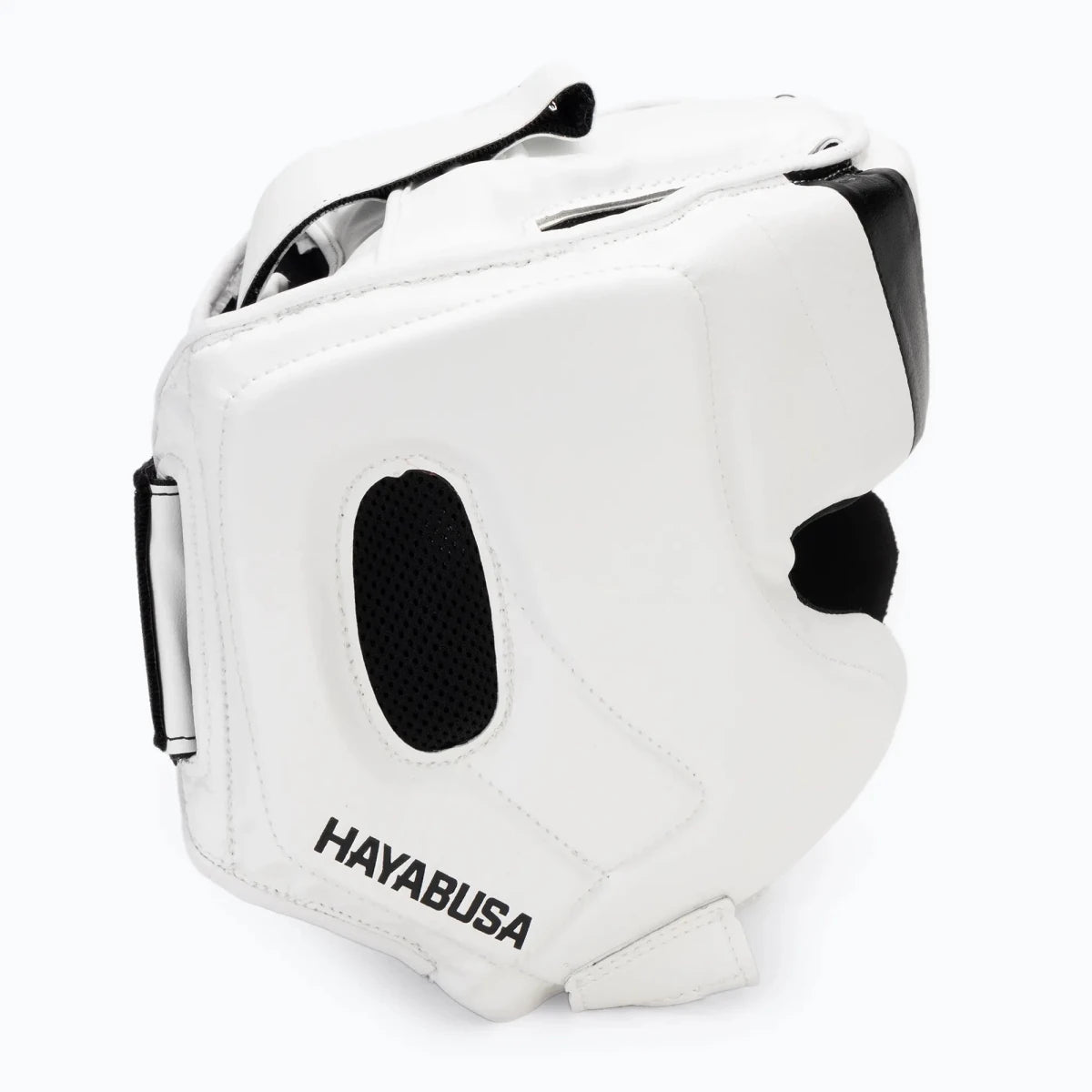 White Hayabusa T3 helmet profile with ventilated ear protection.
