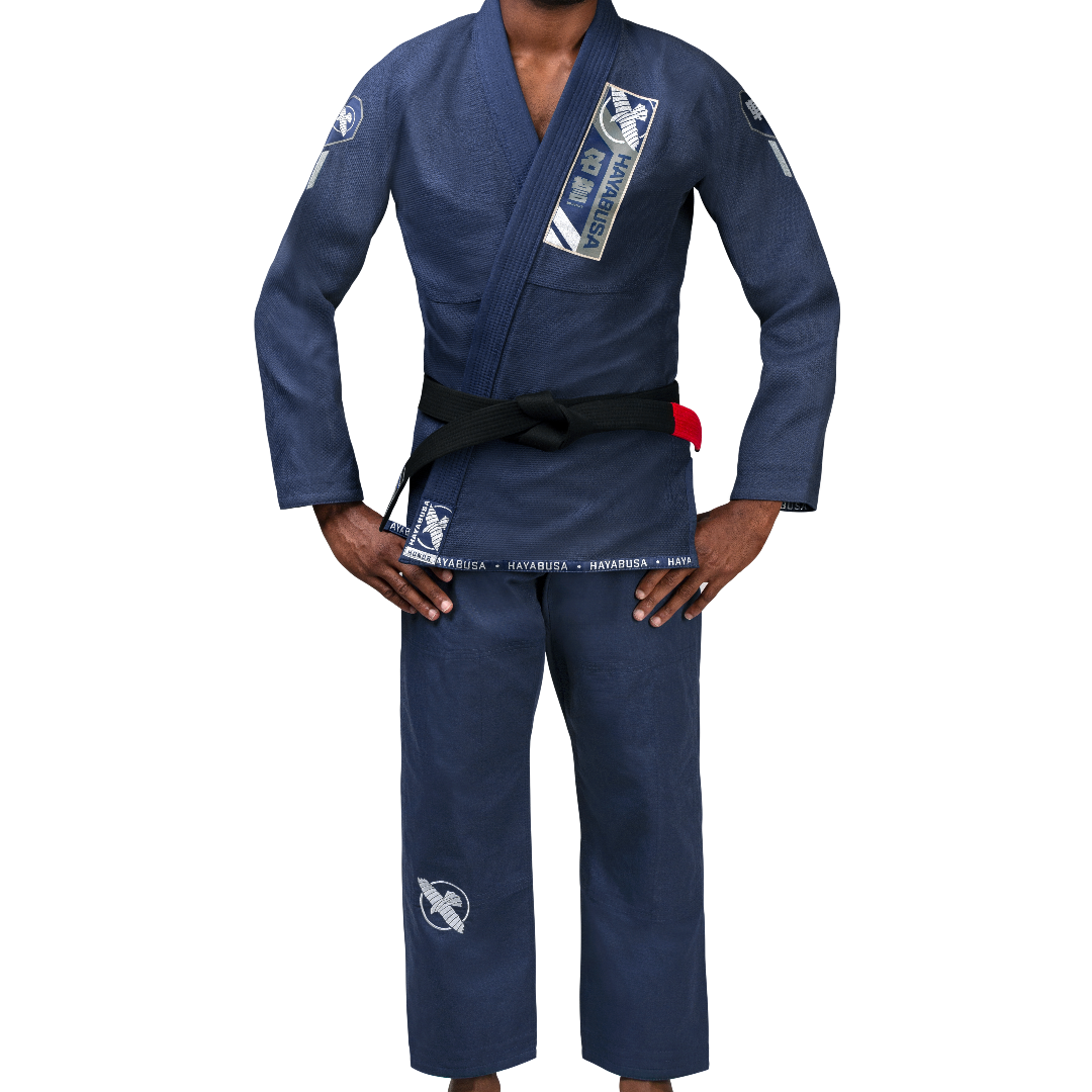 Vista frontale del kimono Jiu Jitsu Hayabusa Ascend Lightweight blu navy
