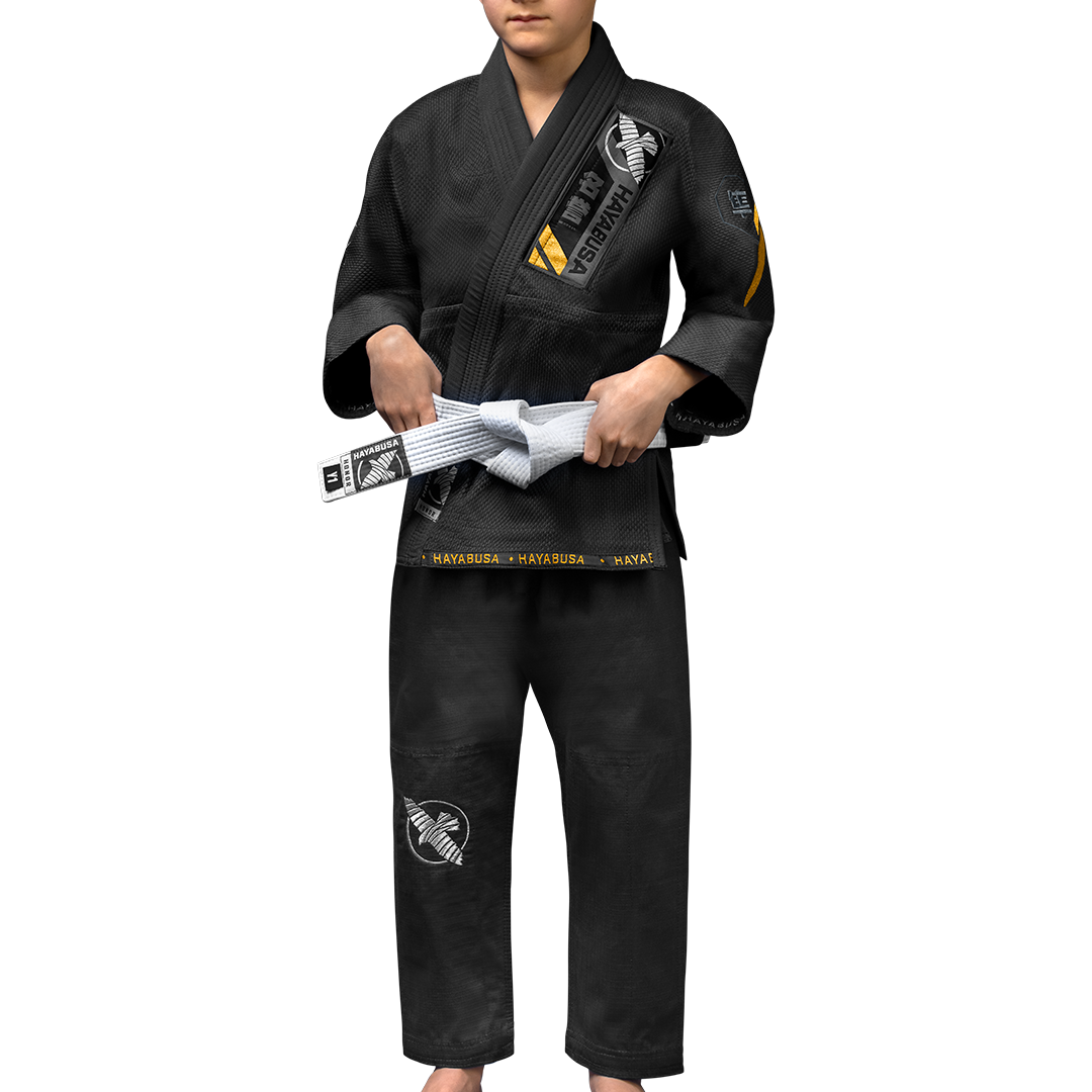 Vista frontale del kimono da BJJ nero Hayabusa Ascend Youth con ricami a contrasto
