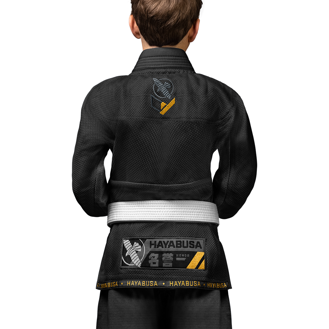 Vista posteriore del Gi nero Hayabusa per bambini, tessuto gold weave resistente
