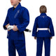 Vista combinata fronte e retro del kimono BJJ Hayabusa Essential Kids blu royal