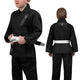 Vista combinata fronte e retro del kimono BJJ Hayabusa Essential Kids nero con ricami bianchi