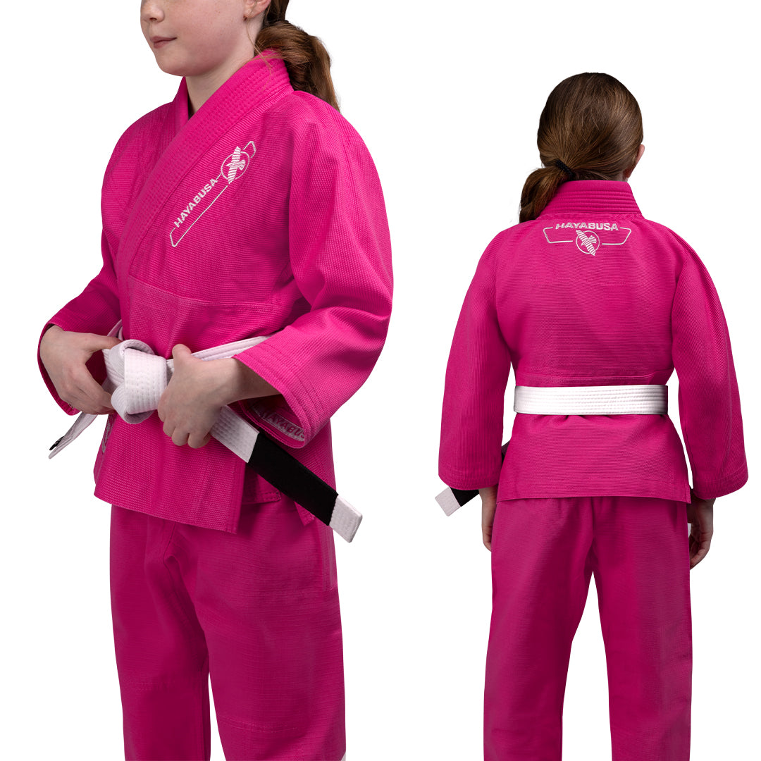 Vista combinata fronte e retro del kimono BJJ Hayabusa Essential Kids rosa