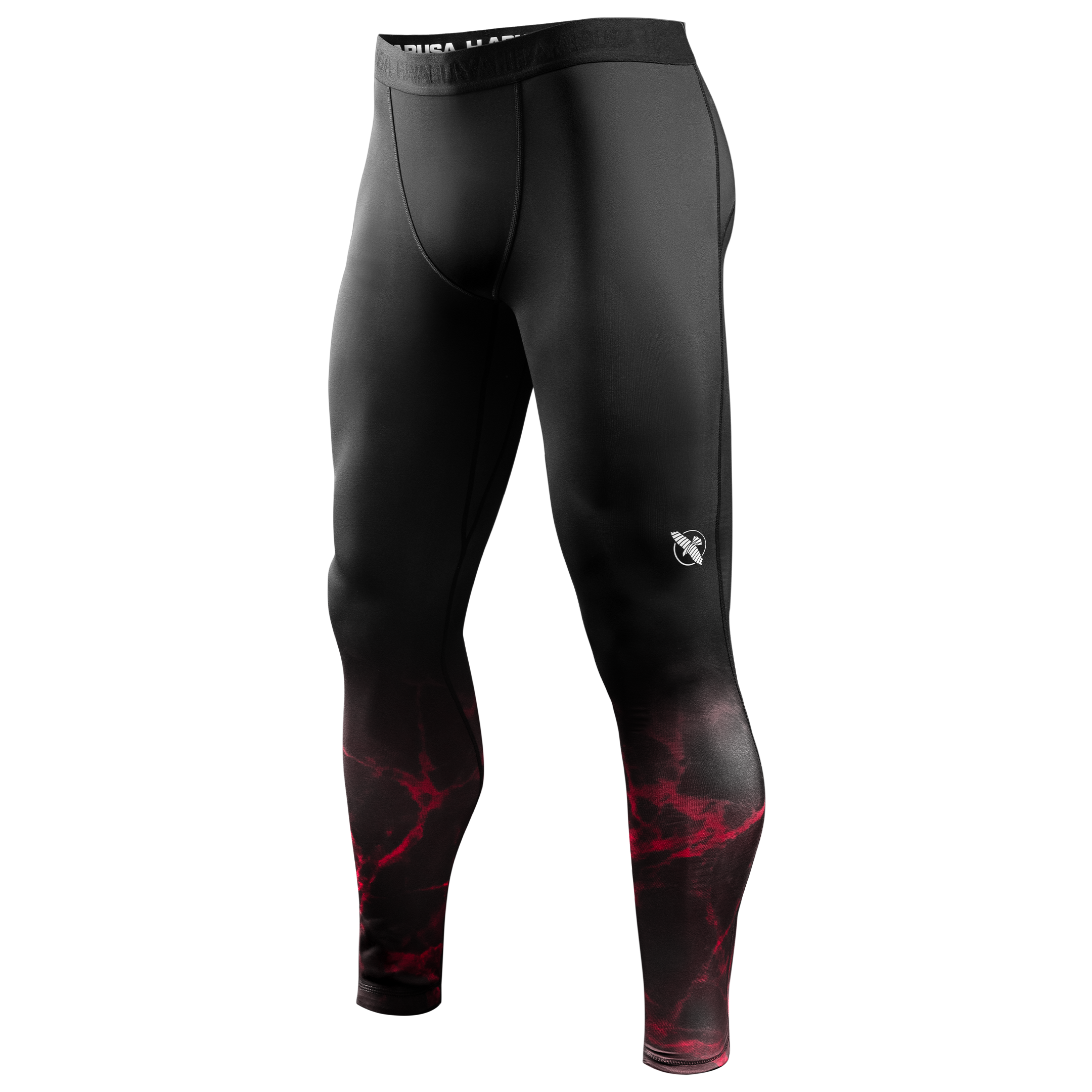 Vista frontale dei leggings a compressione UFC BJJ Spats neri con dettagli e loghi rossi