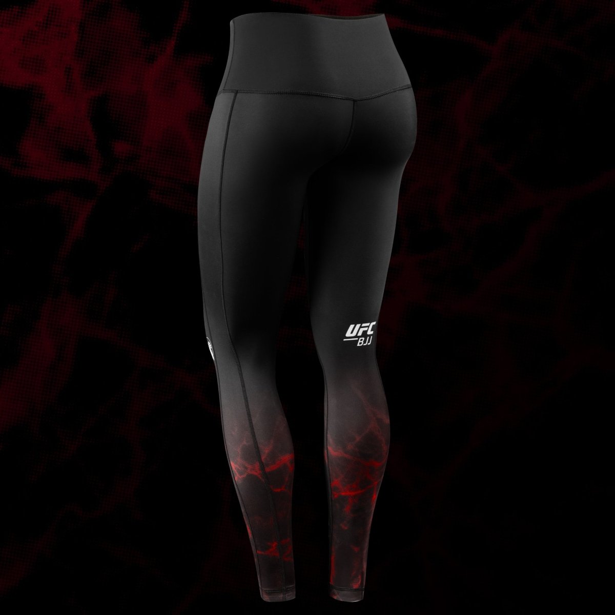 Rear view of the black and red women's UFC BJJ leggings, showing the ergonomic cut and flatlock seams