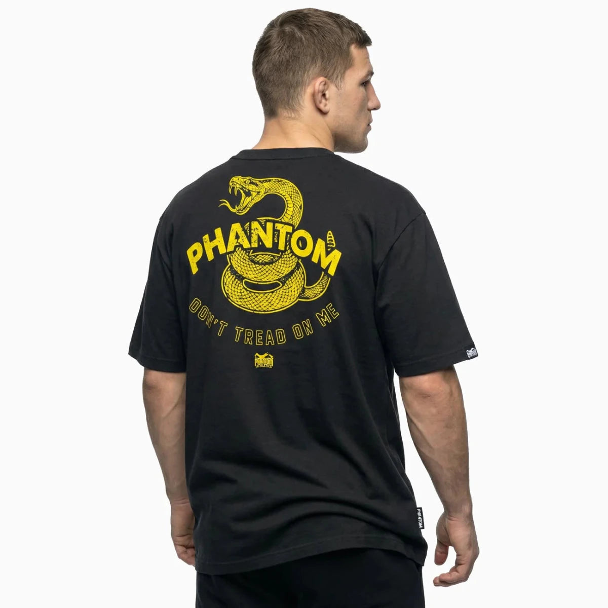 Rückansicht des Phantom Don't Tread On Me Sport-T-Shirts mit der gelben Gadsden Snake-Grafik