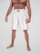 Vista frontale pantaloncini boxe inglese Metal Boxe Pro Line bianco e oro stile elegante