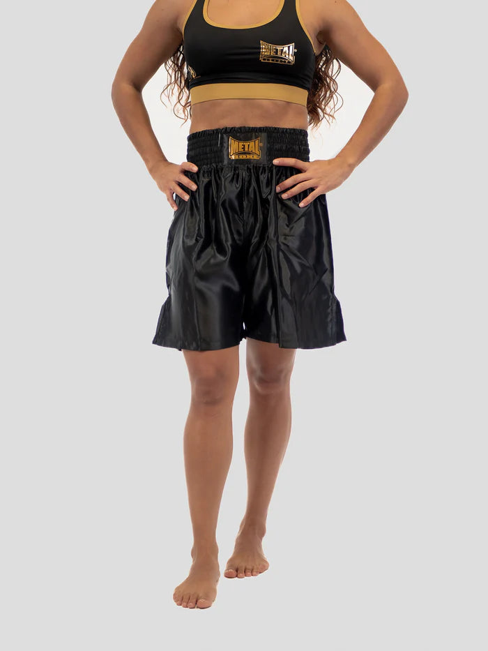 Vista frontale pantaloncini boxe inglese Metal Boxe Pro Line nero e oro professionale