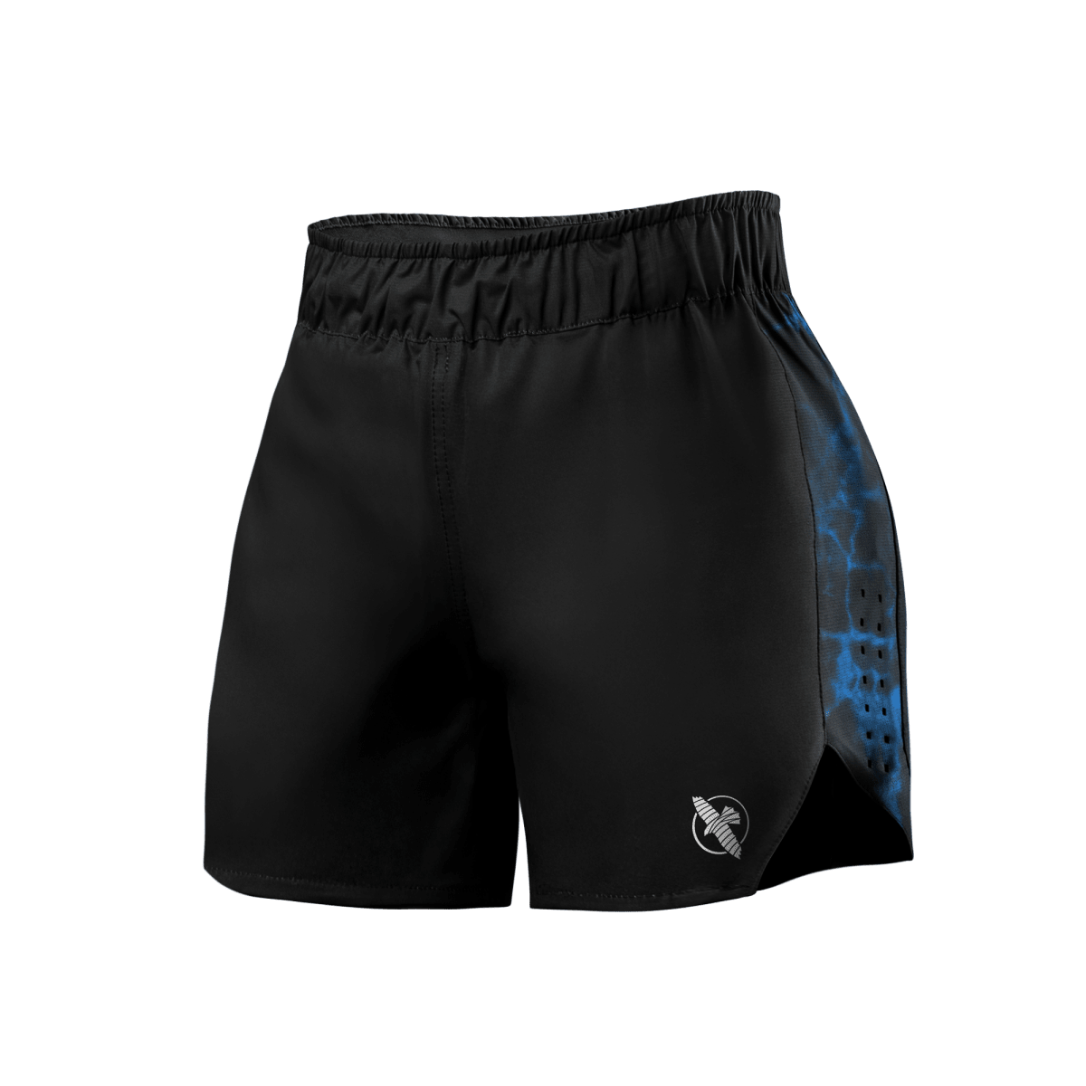 Vista frontal del short UFC BJJ para mujer en color negro con detalles en azul, tela liviana para grappling