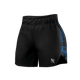 Vista frontale dei pantaloncini donna UFC BJJ neri con dettagli blu, tessuto leggero per grappling