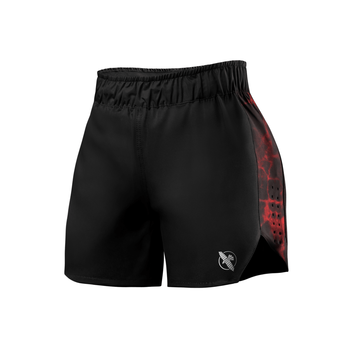 Vista frontal del short UFC BJJ para mujer en color negro con detalles en rojo, ideal para entrenamientos intensos