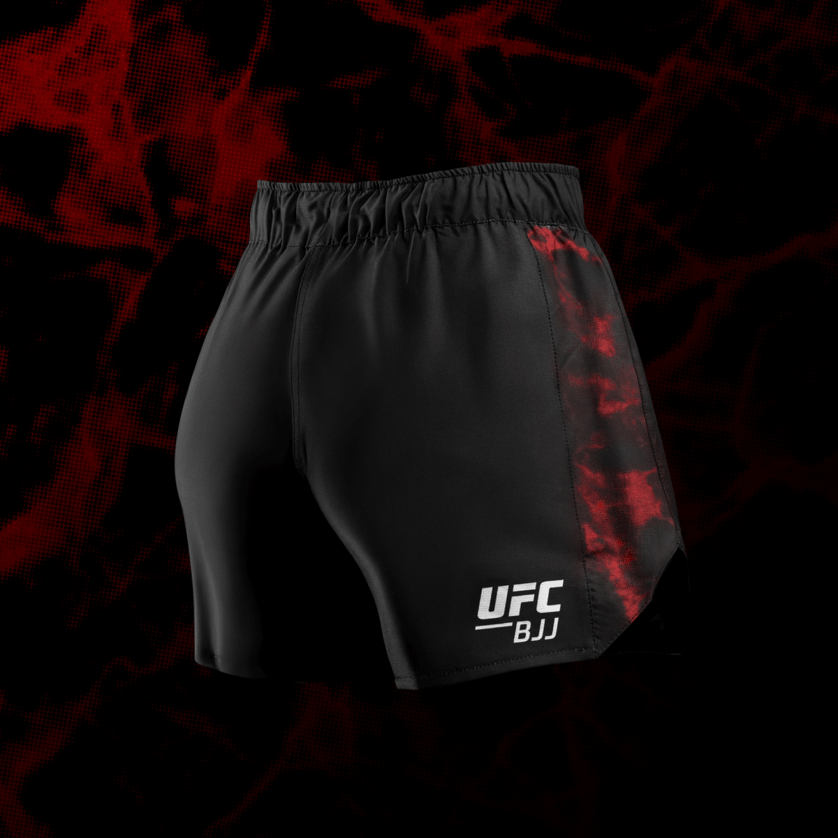 Vista trasera del pantalón corto UFC BJJ mujer negro/rojo, sistema de ventilación cortado con láser