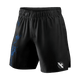 Vista frontale dei pantaloncini ufficiali UFC BJJ grappling neri con dettagli blu e chiusura a cordoncino