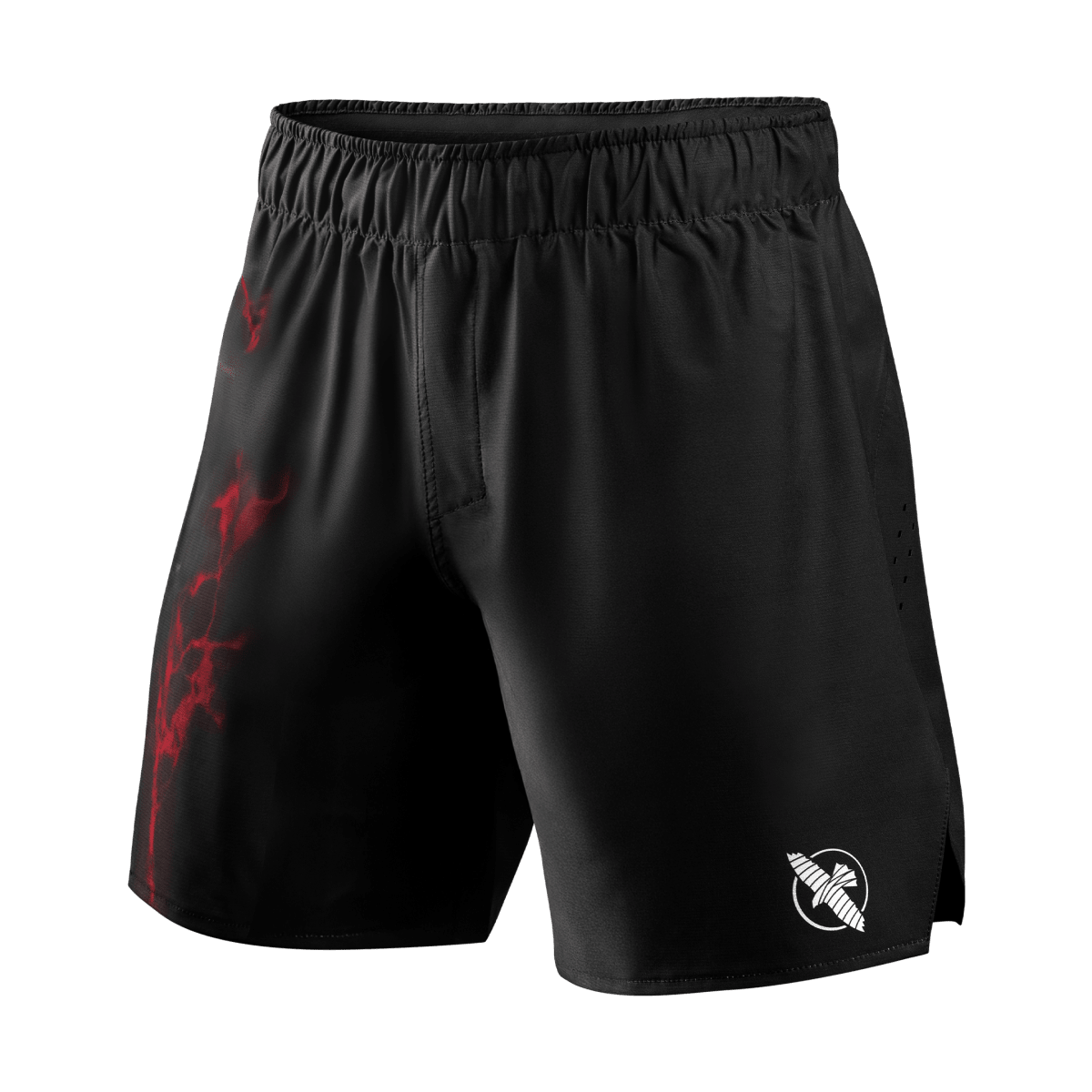 Vorderansicht der offiziellen UFC BJJ Grappling-Shorts in Schwarz mit roten Details und adaptivem Bund