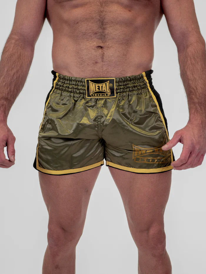 Vista frontale pantaloncini Kickboxing uomo Metal Boxe Extrem verde militare camo
